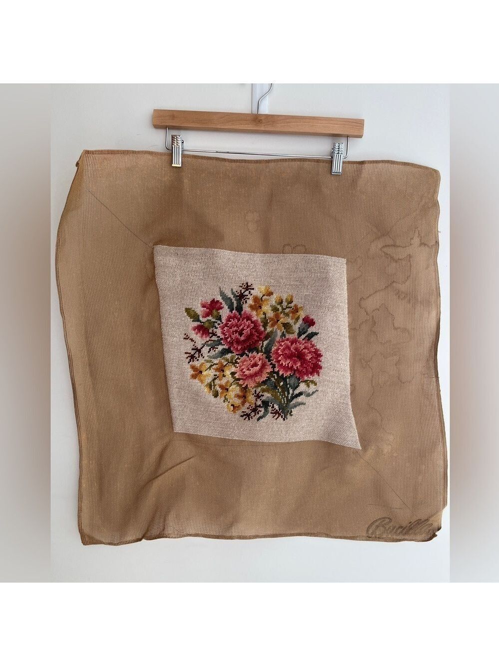 VINTAGE Completed Wool Needlepoint Floral Pattern on Canvas Hand Made Unframed